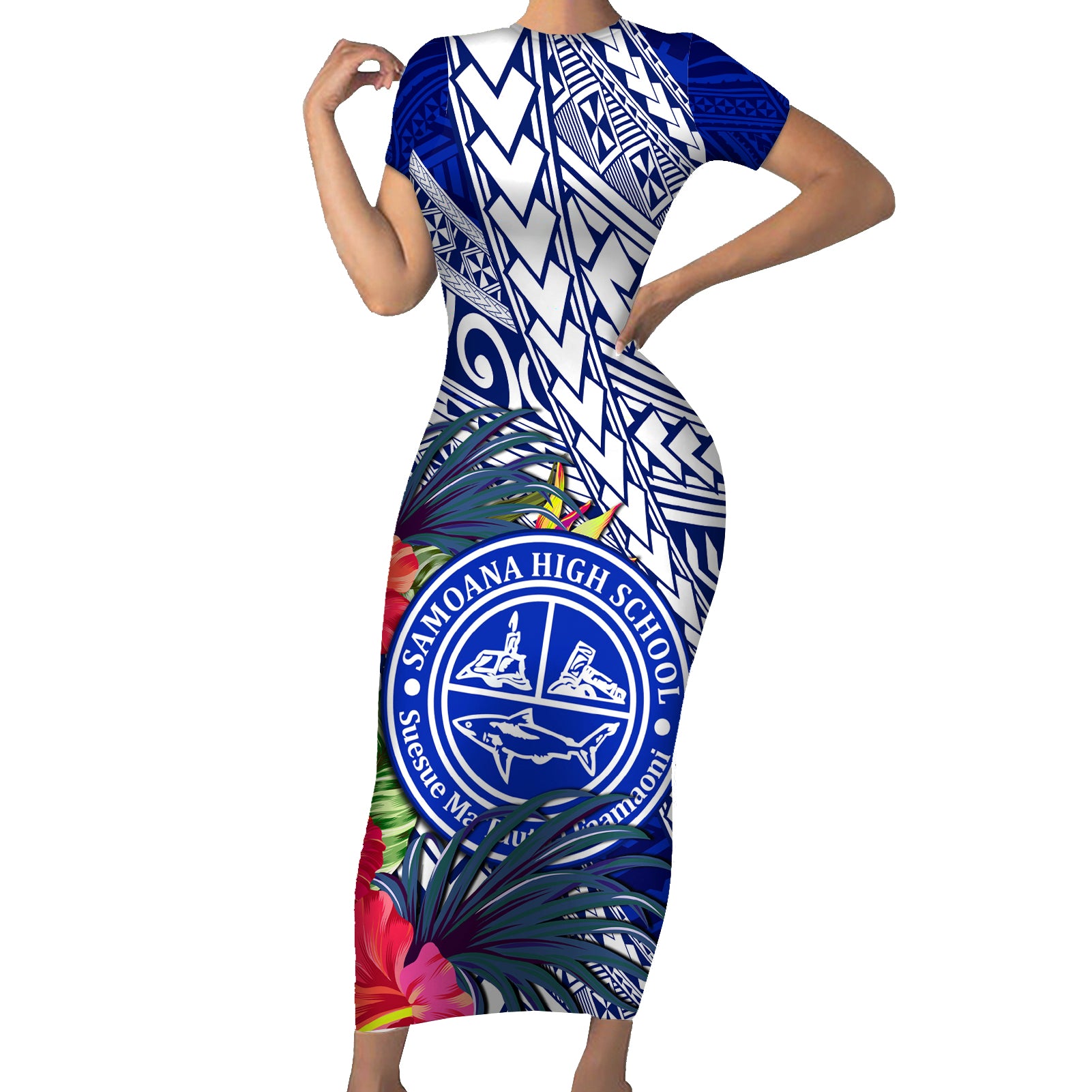 Personalised Samoana High School Short Sleeve Bodycon Dress American Samoa Schools Polynesian Tropical Flowers LT14 Long Dress Blue - Polynesian Pride