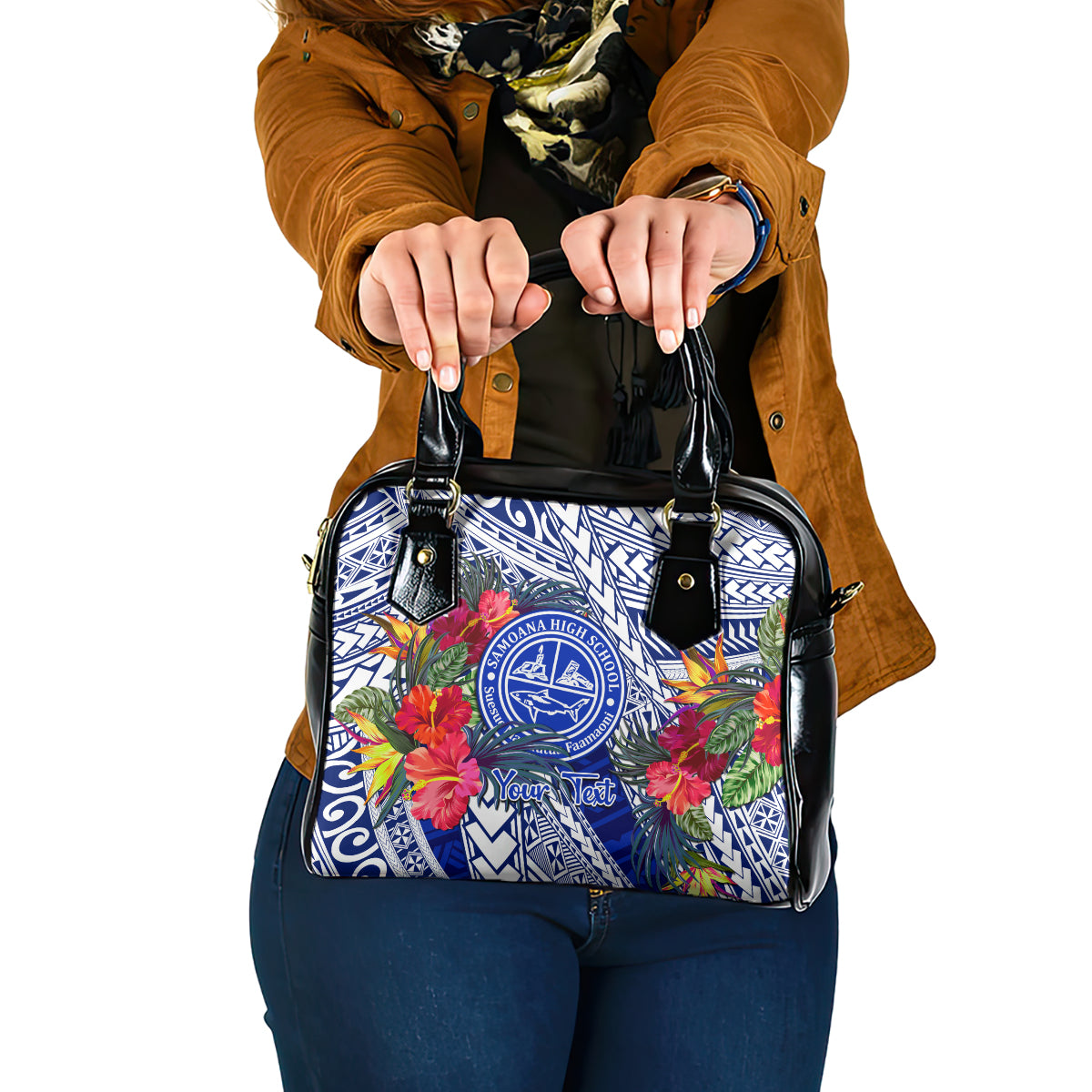 Personalised Samoana High School Shoulder Handbag American Samoa Schools Polynesian Tropical Flowers LT14 One Size Blue - Polynesian Pride