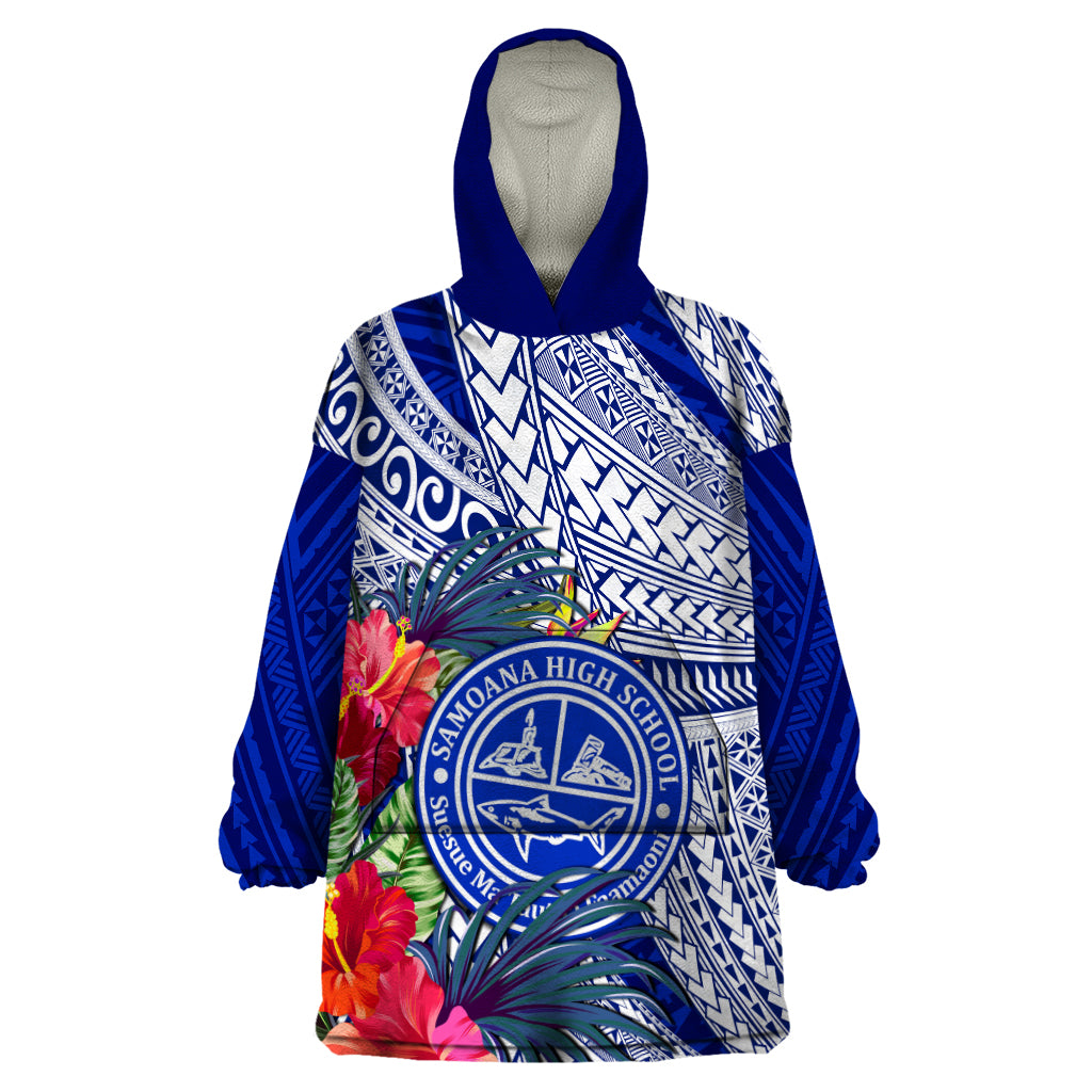 Personalised Samoana High School Wearable Blanket Hoodie American Samoa Schools Polynesian Tropical Flowers LT14 One Size Blue - Polynesian Pride