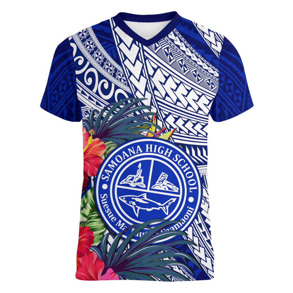 Personalised Samoana High School Women V Neck T Shirt American Samoa Schools Polynesian Tropical Flowers LT14 Female Blue - Polynesian Pride