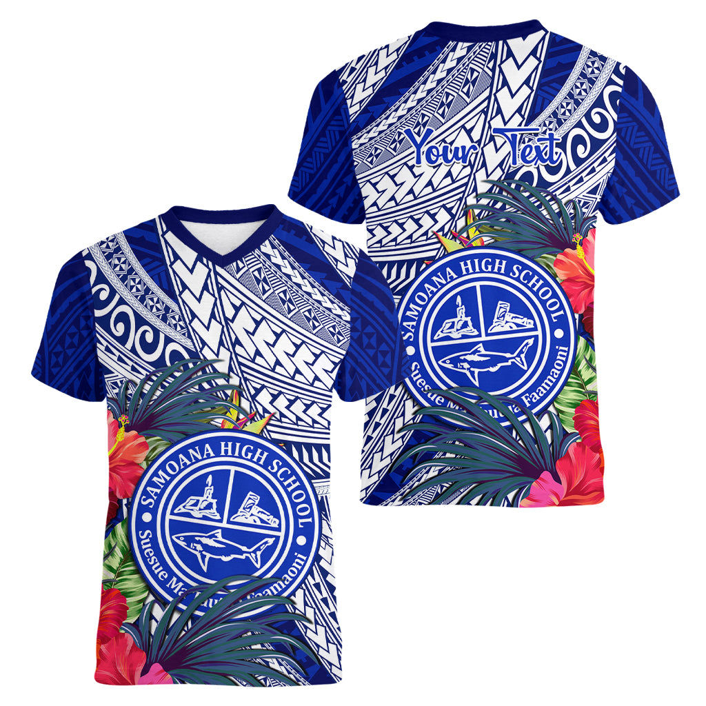 Personalised Samoana High School Women V Neck T Shirt American Samoa Schools Polynesian Tropical Flowers LT14 - Polynesian Pride