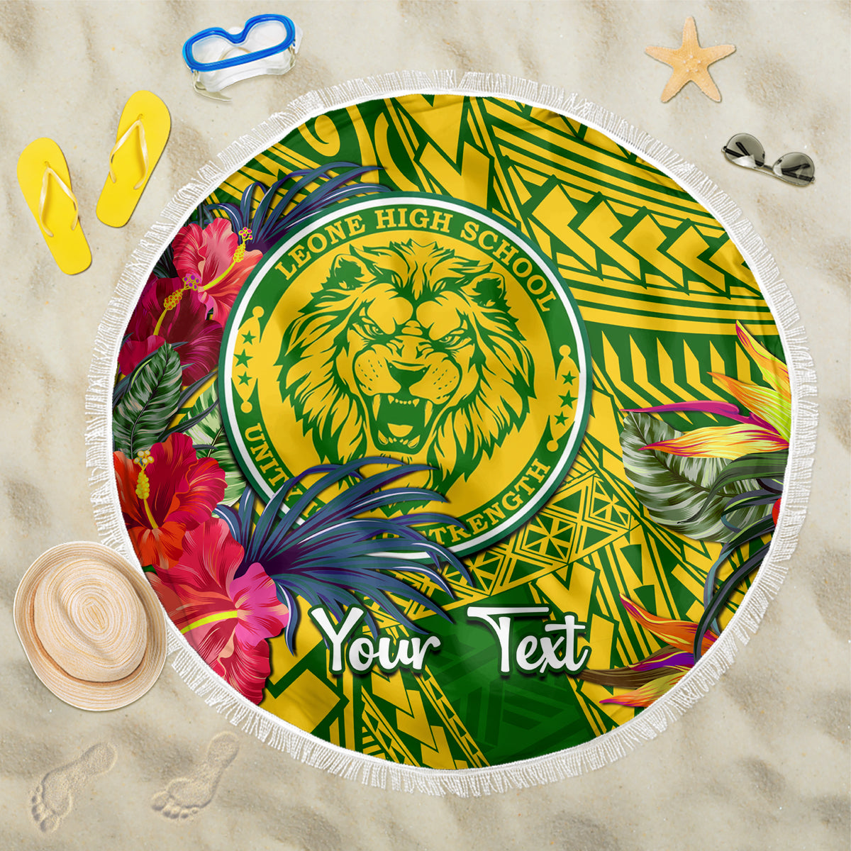 Personalised Leone High School Beach Blanket American Samoa Schools Polynesian Tropical Flowers LT14 One Size 150cm Green - Polynesian Pride