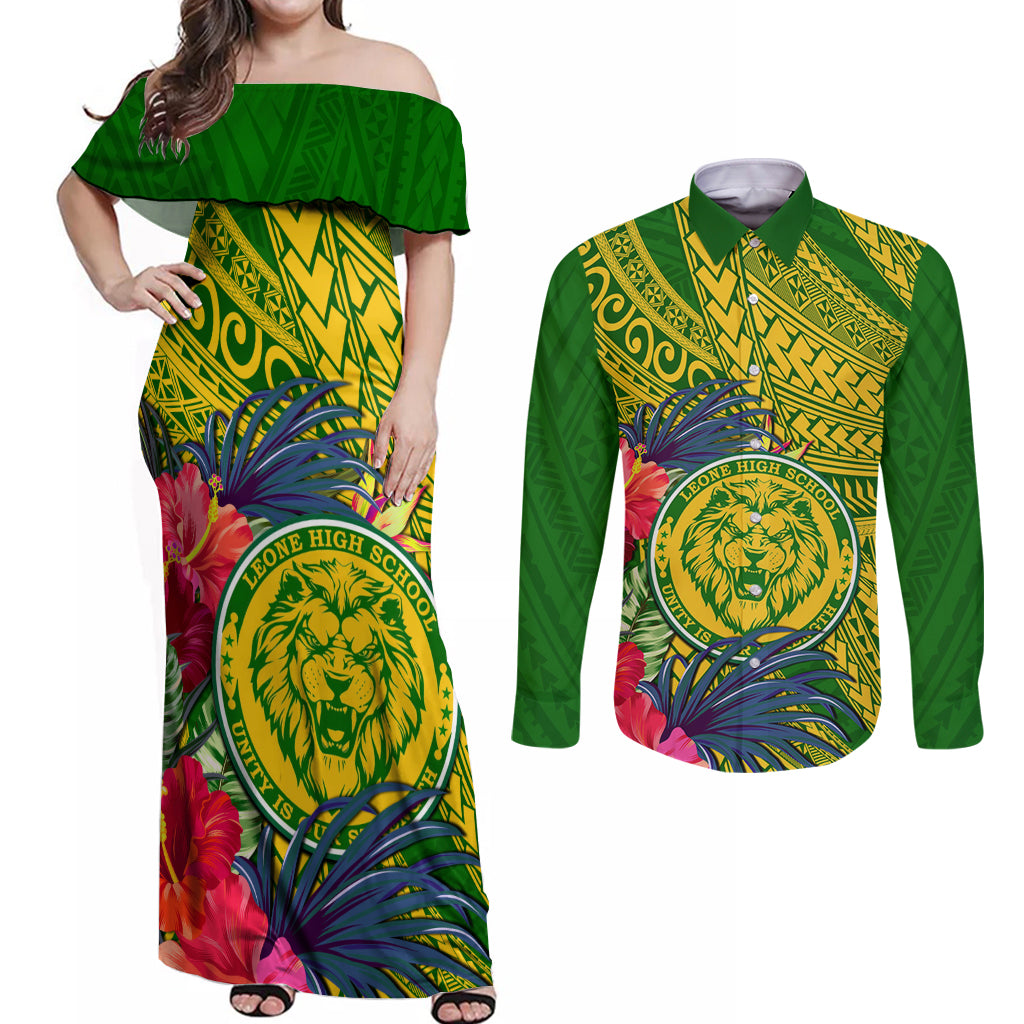 Personalised Leone High School Couples Matching Off Shoulder Maxi Dress and Long Sleeve Button Shirt American Samoa Schools Polynesian Tropical Flowers LT14 Green - Polynesian Pride