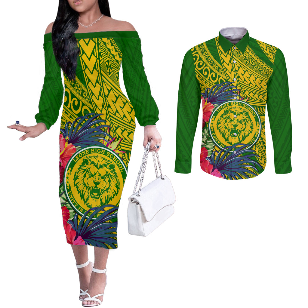 Personalised Leone High School Couples Matching Off The Shoulder Long Sleeve Dress and Long Sleeve Button Shirt American Samoa Schools Polynesian Tropical Flowers LT14 Green - Polynesian Pride