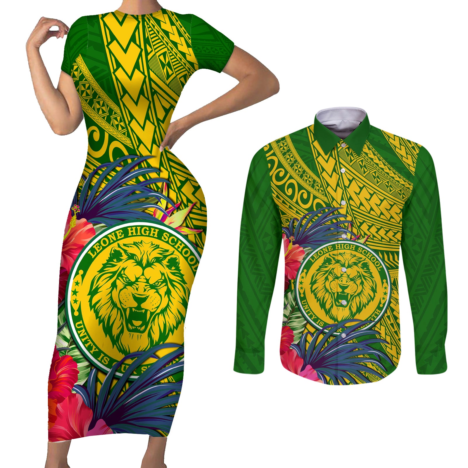 Personalised Leone High School Couples Matching Short Sleeve Bodycon Dress and Long Sleeve Button Shirt American Samoa Schools Polynesian Tropical Flowers LT14 Green - Polynesian Pride