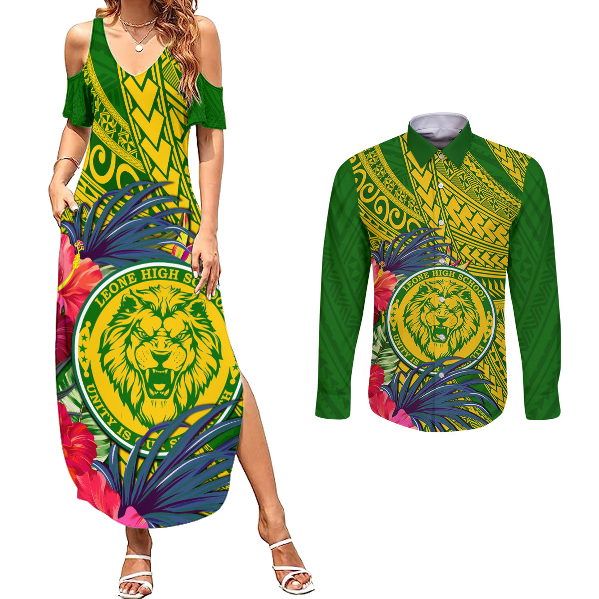 Personalised Leone High School Couples Matching Summer Maxi Dress and Long Sleeve Button Shirt American Samoa Schools Polynesian Tropical Flowers LT14 Green - Polynesian Pride