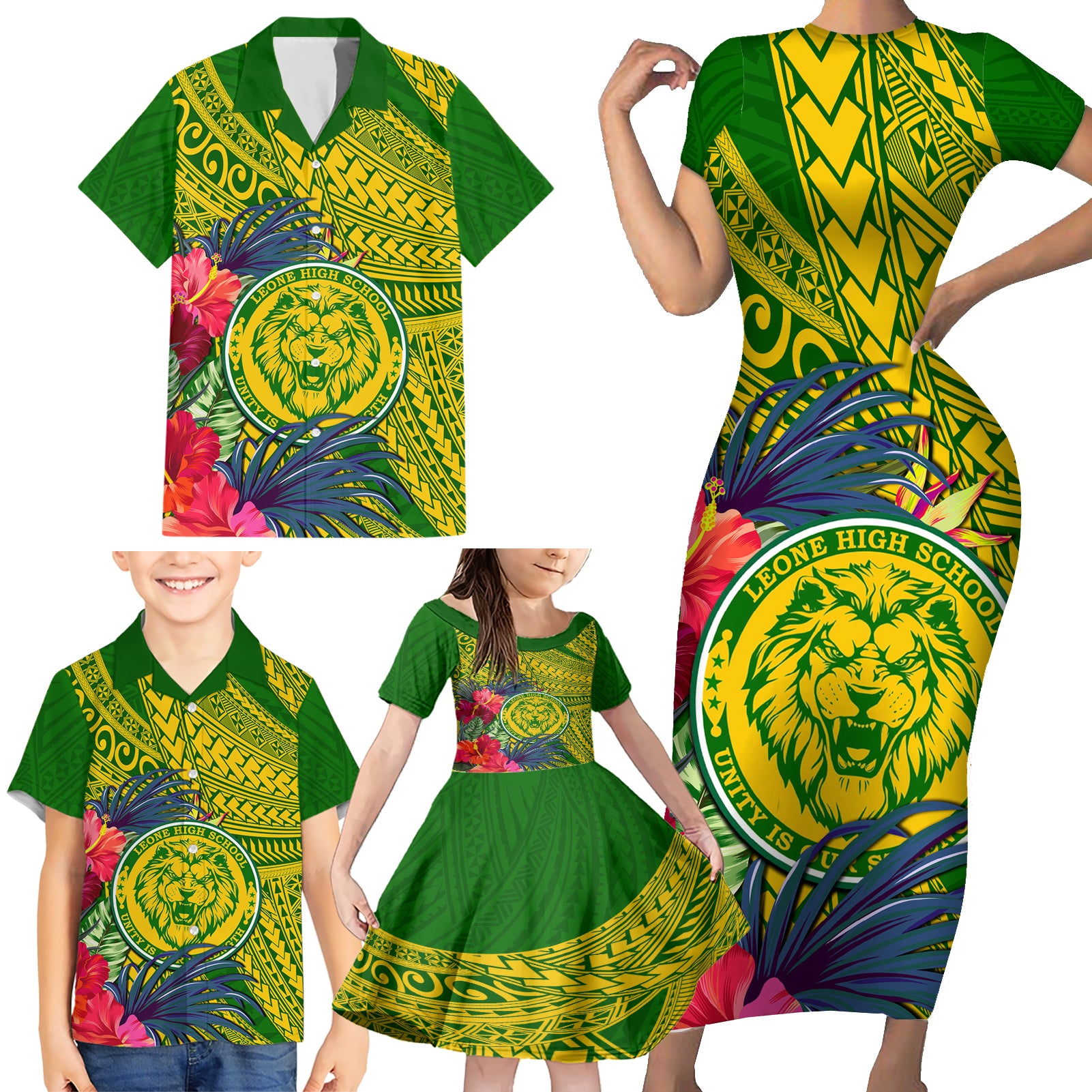 Personalised Leone High School Family Matching Short Sleeve Bodycon Dress and Hawaiian Shirt American Samoa Schools Polynesian Tropical Flowers LT14 - Polynesian Pride