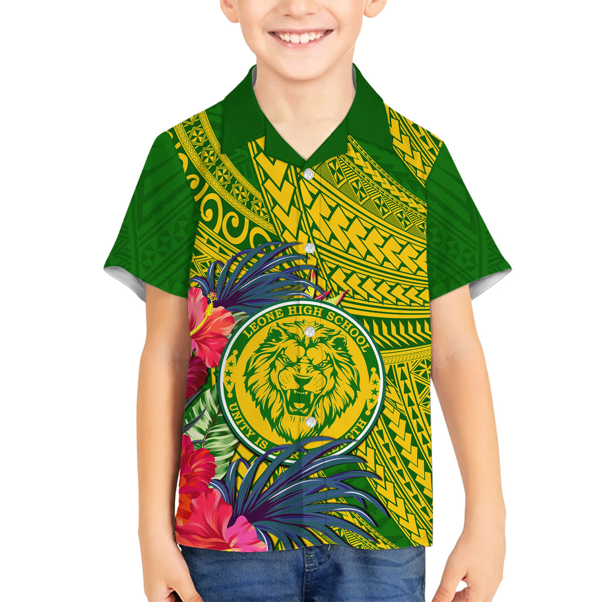 Personalised Leone High School Family Matching Tank Maxi Dress and Hawaiian Shirt American Samoa Schools Polynesian Tropical Flowers LT14 Son's Shirt Green - Polynesian Pride