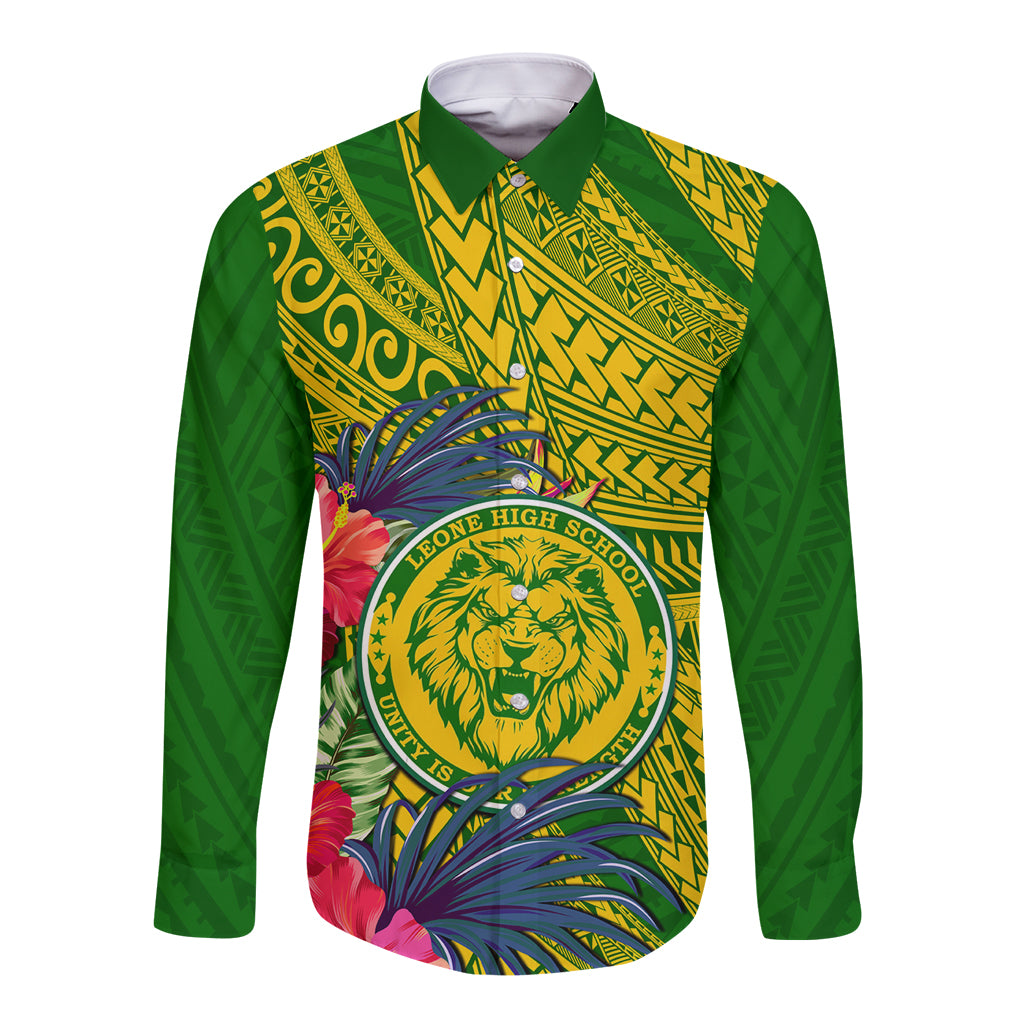 Personalised Leone High School Long Sleeve Button Shirt American Samoa Schools Polynesian Tropical Flowers LT14 Unisex Green - Polynesian Pride