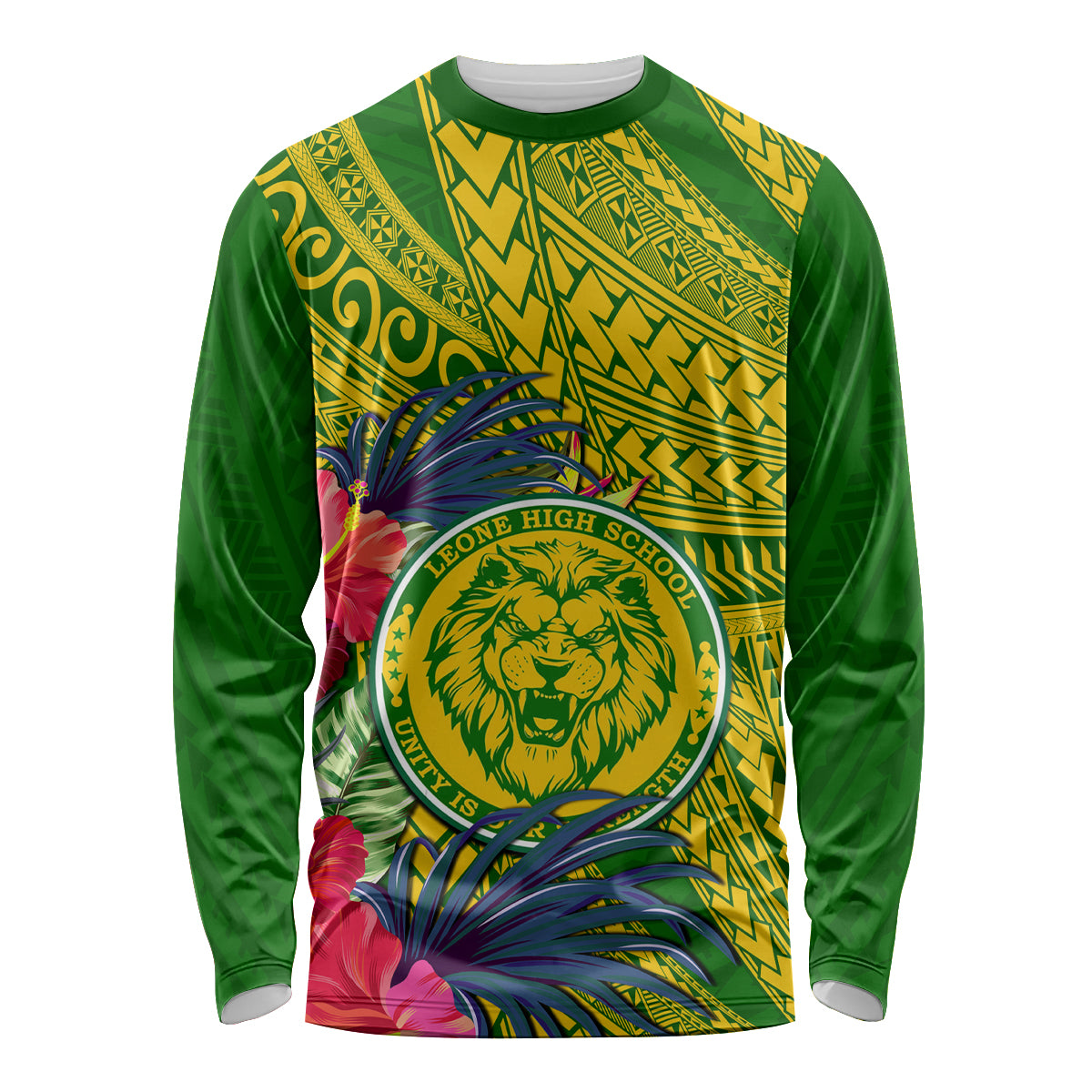 Personalised Leone High School Long Sleeve Shirt American Samoa Schools Polynesian Tropical Flowers LT14 Unisex Green - Polynesian Pride