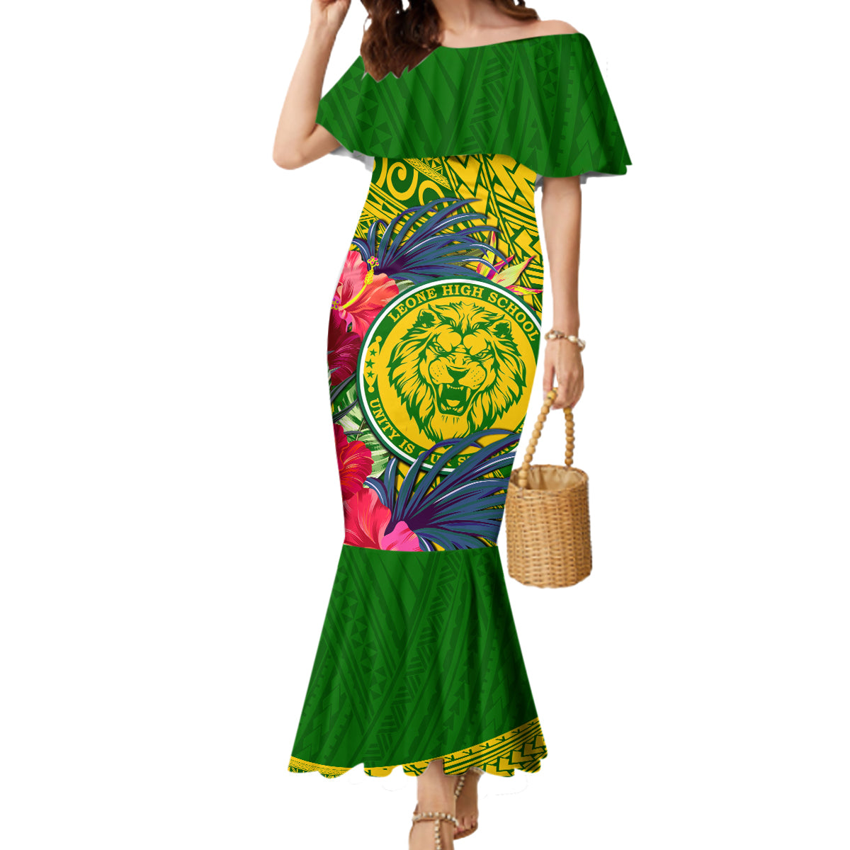 Personalised Leone High School Mermaid Dress American Samoa Schools Polynesian Tropical Flowers LT14 Women Green - Polynesian Pride