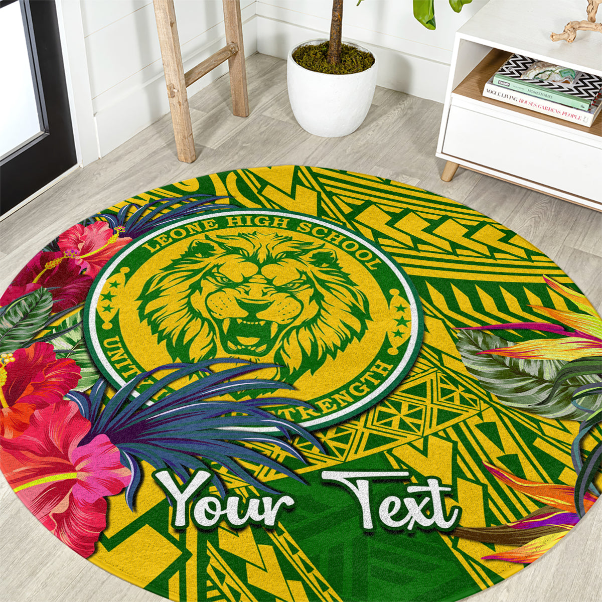 Personalised Leone High School Round Carpet American Samoa Schools Polynesian Tropical Flowers LT14 Green - Polynesian Pride