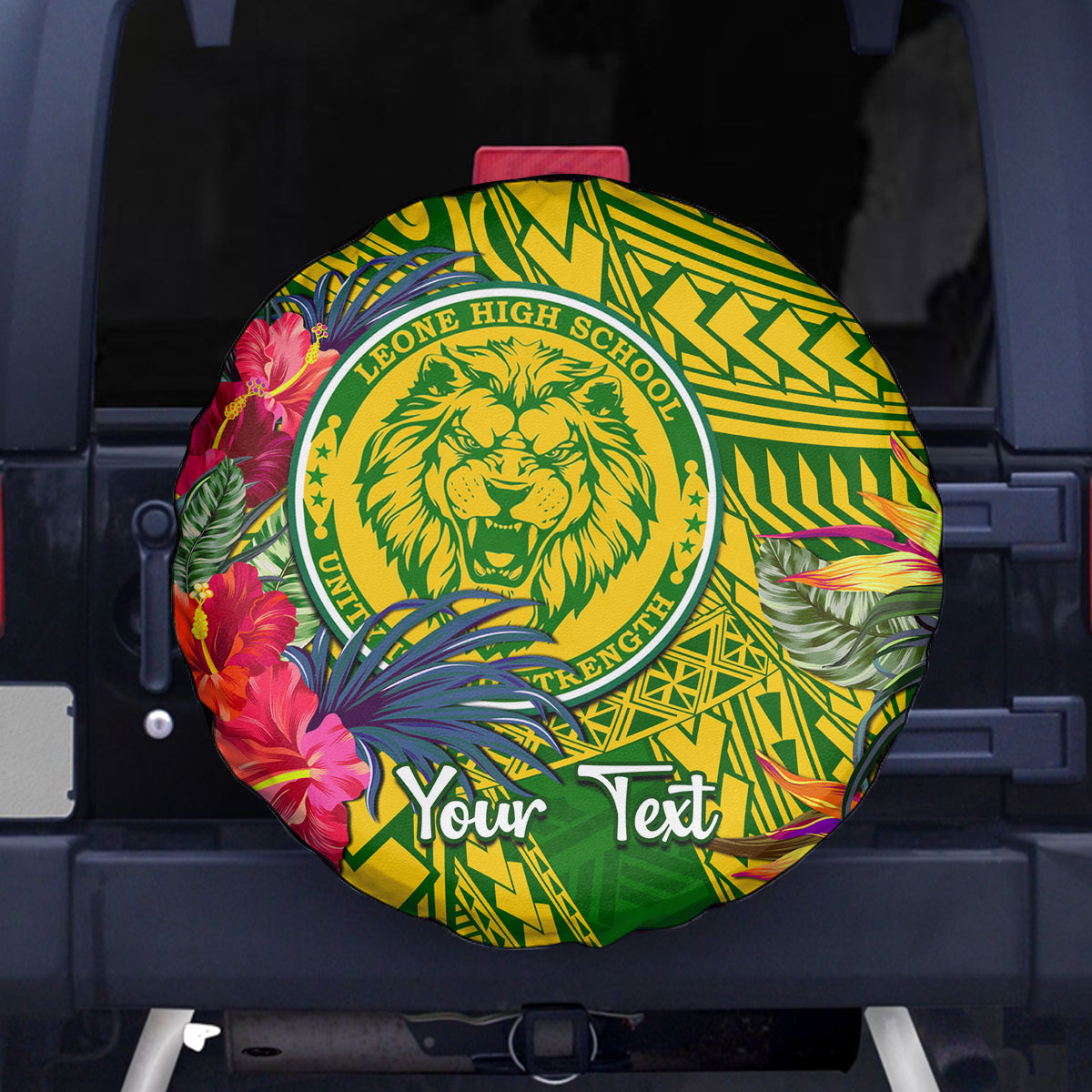 Personalised Leone High School Spare Tire Cover American Samoa Schools Polynesian Tropical Flowers LT14 Green - Polynesian Pride