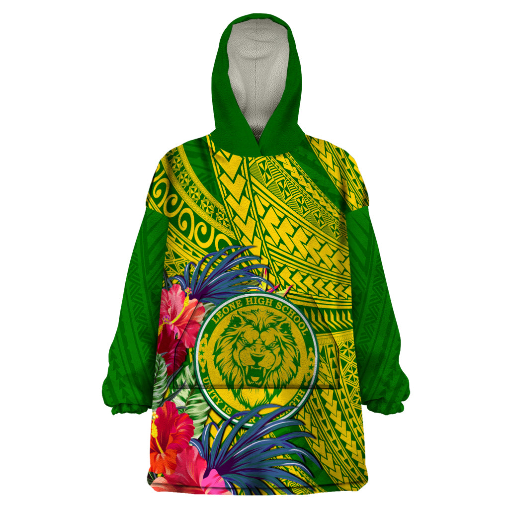 Personalised Leone High School Wearable Blanket Hoodie American Samoa Schools Polynesian Tropical Flowers LT14 One Size Green - Polynesian Pride