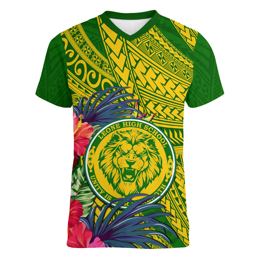 Personalised Leone High School Women V Neck T Shirt American Samoa Schools Polynesian Tropical Flowers LT14 Female Green - Polynesian Pride