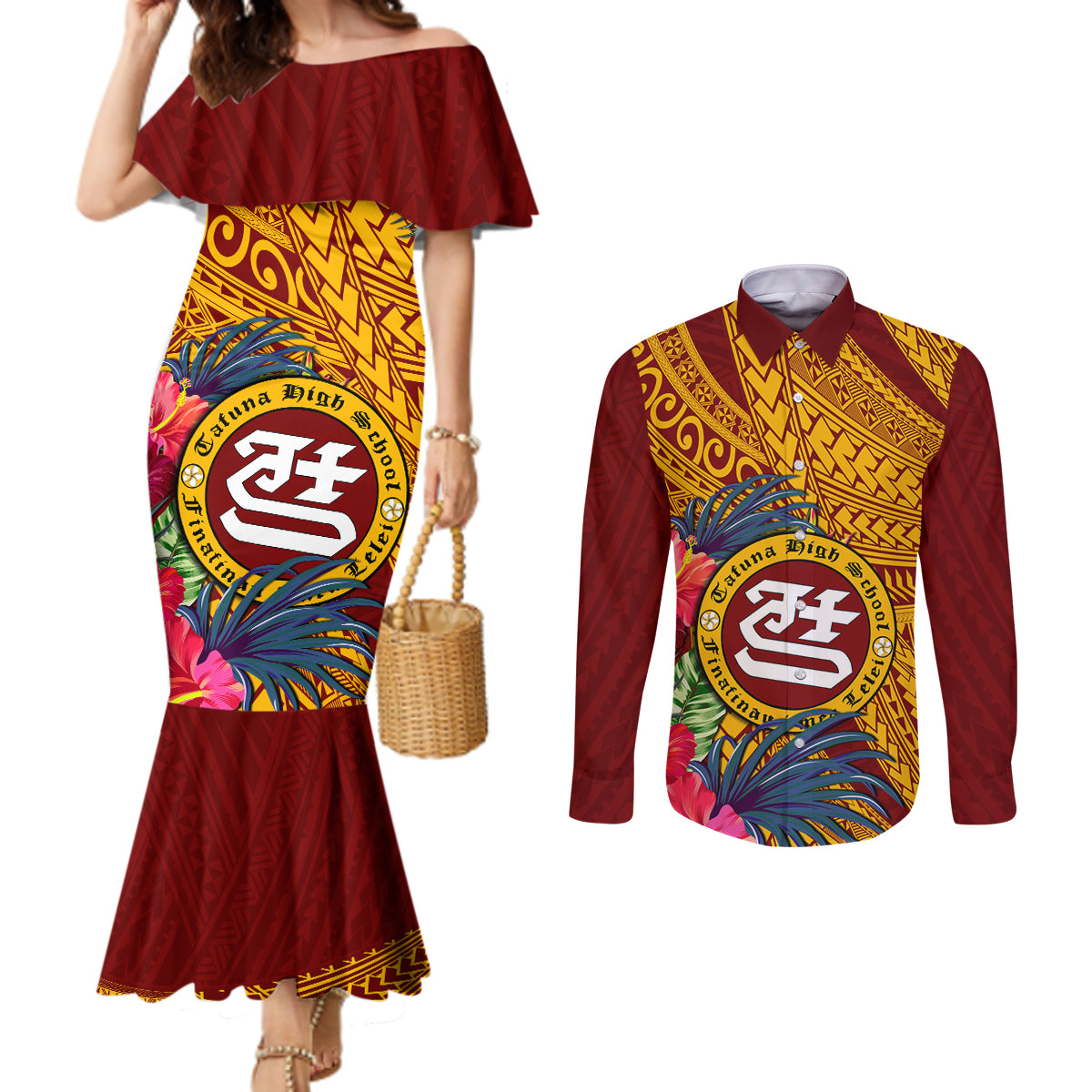 Personalised Tafuna High School Couples Matching Mermaid Dress and Long Sleeve Button Shirt American Samoa Schools Polynesian Tropical Flowers LT14 Maroon - Polynesian Pride