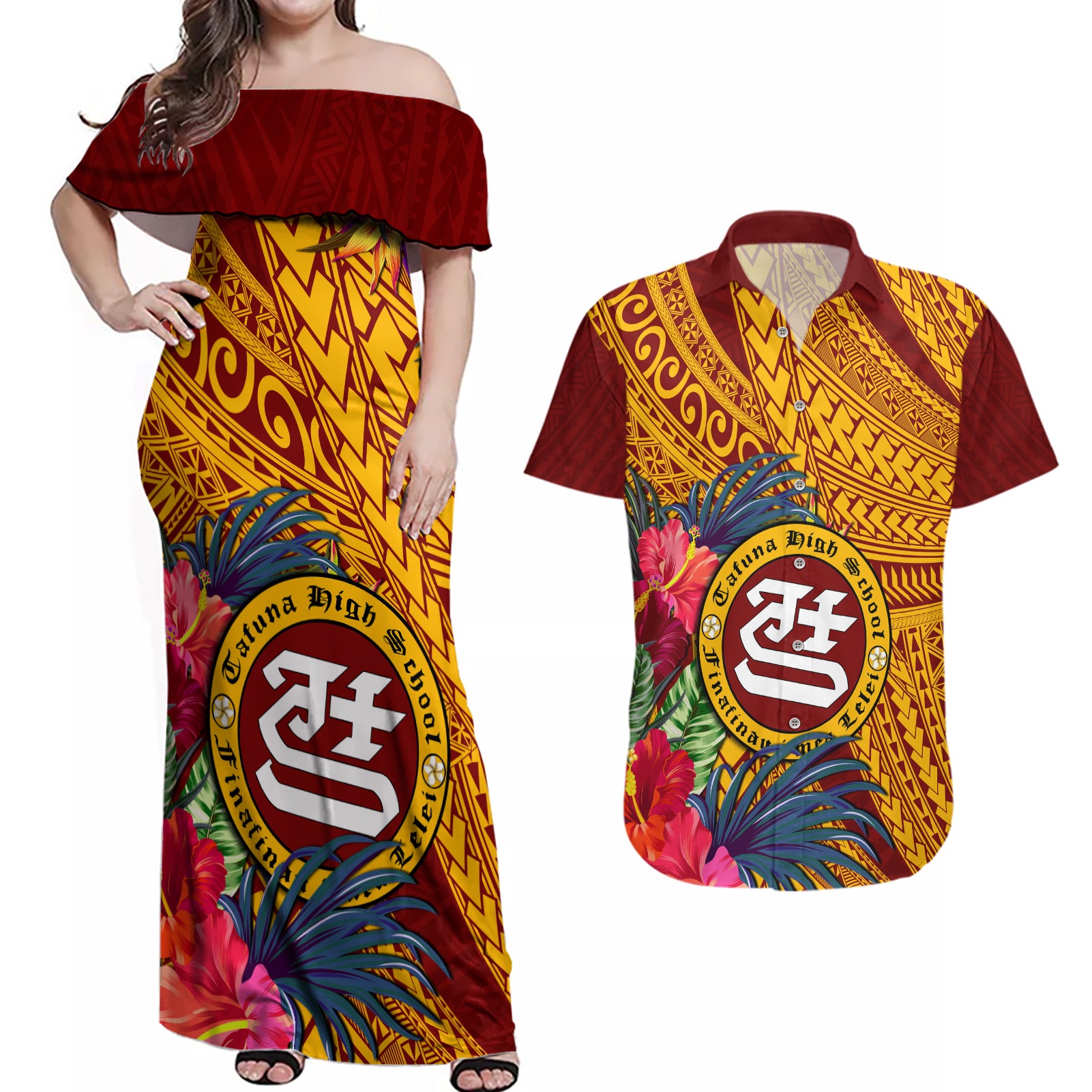 Personalised Tafuna High School Couples Matching Off Shoulder Maxi Dress and Hawaiian Shirt American Samoa Schools Polynesian Tropical Flowers LT14 Maroon - Polynesian Pride