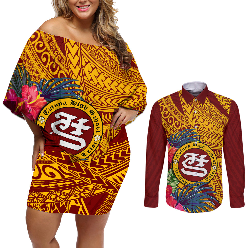 Personalised Tafuna High School Couples Matching Off Shoulder Short Dress and Long Sleeve Button Shirt American Samoa Schools Polynesian Tropical Flowers LT14 Maroon - Polynesian Pride