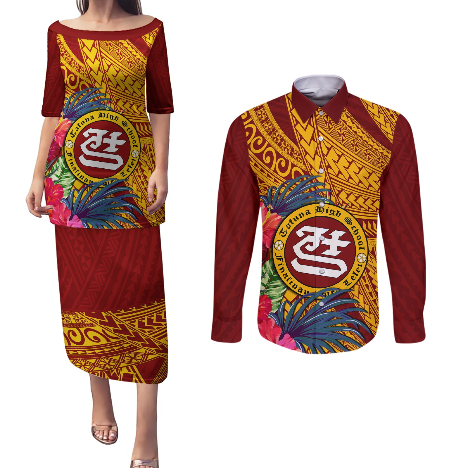 Personalised Tafuna High School Couples Matching Puletasi Dress and Long Sleeve Button Shirt American Samoa Schools Polynesian Tropical Flowers LT14 Maroon - Polynesian Pride