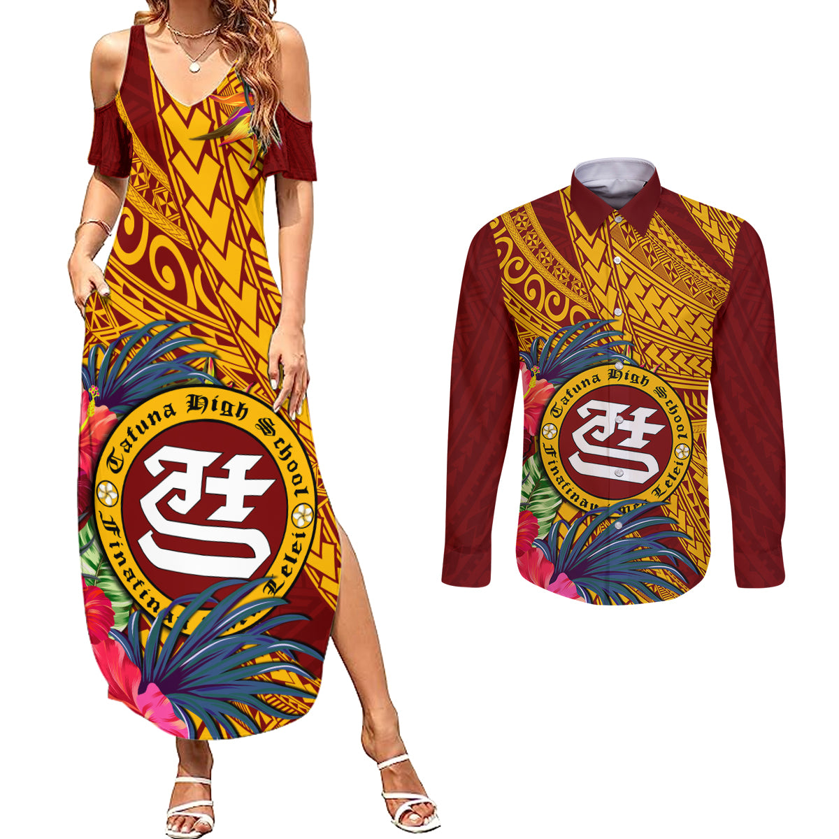 Personalised Tafuna High School Couples Matching Summer Maxi Dress and Long Sleeve Button Shirt American Samoa Schools Polynesian Tropical Flowers LT14 Maroon - Polynesian Pride