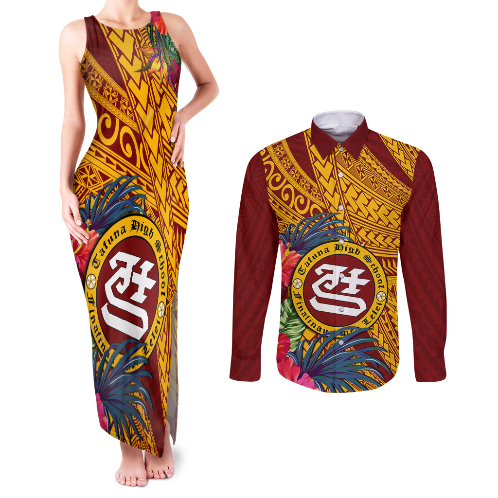 Personalised Tafuna High School Couples Matching Tank Maxi Dress and Long Sleeve Button Shirt American Samoa Schools Polynesian Tropical Flowers LT14 Maroon - Polynesian Pride