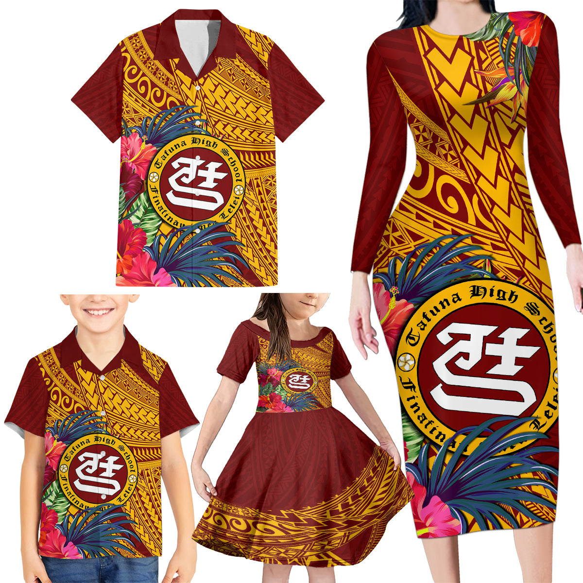 Personalised Tafuna High School Family Matching Long Sleeve Bodycon Dress and Hawaiian Shirt American Samoa Schools Polynesian Tropical Flowers LT14 - Polynesian Pride