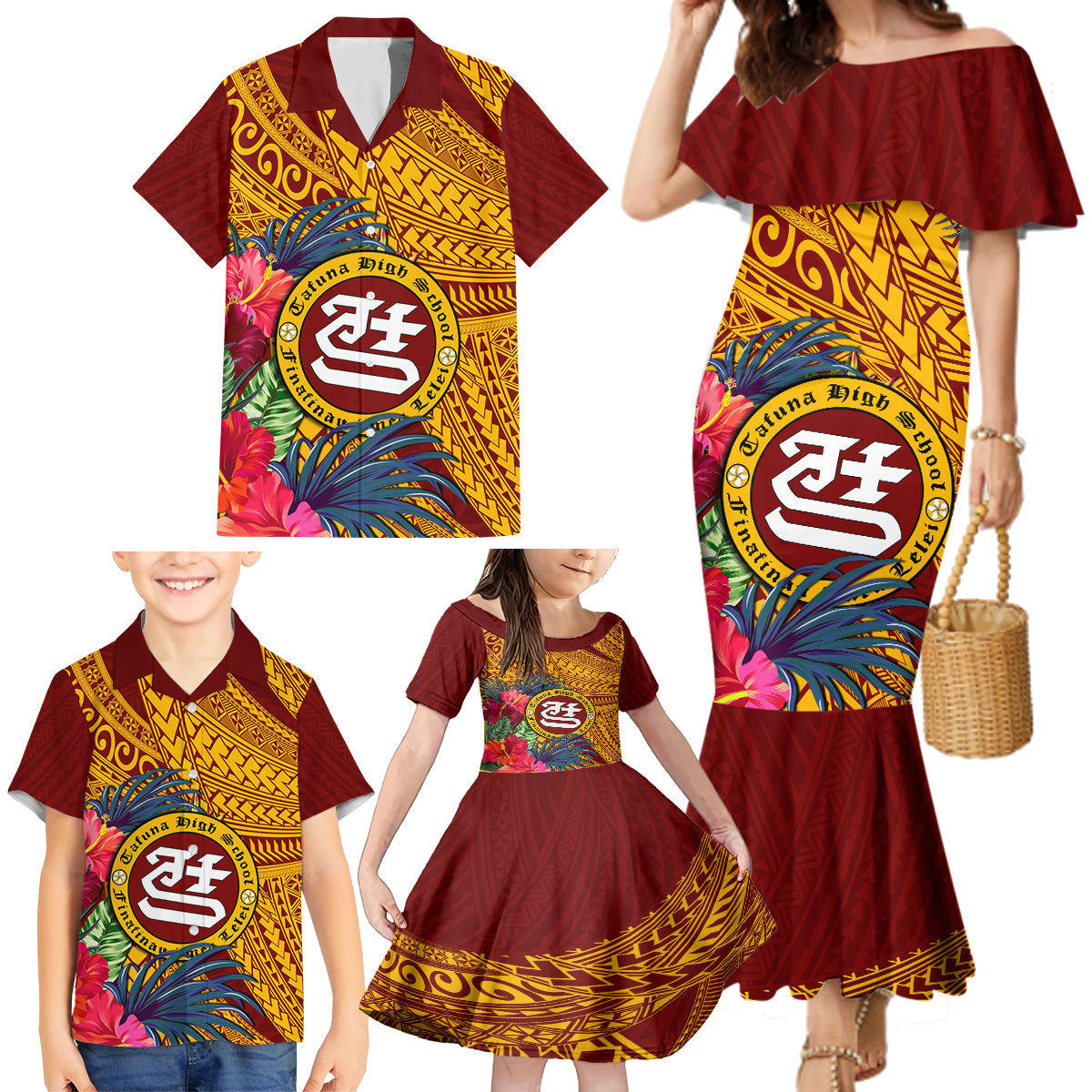 Personalised Tafuna High School Family Matching Mermaid Dress and Hawaiian Shirt American Samoa Schools Polynesian Tropical Flowers LT14 - Polynesian Pride