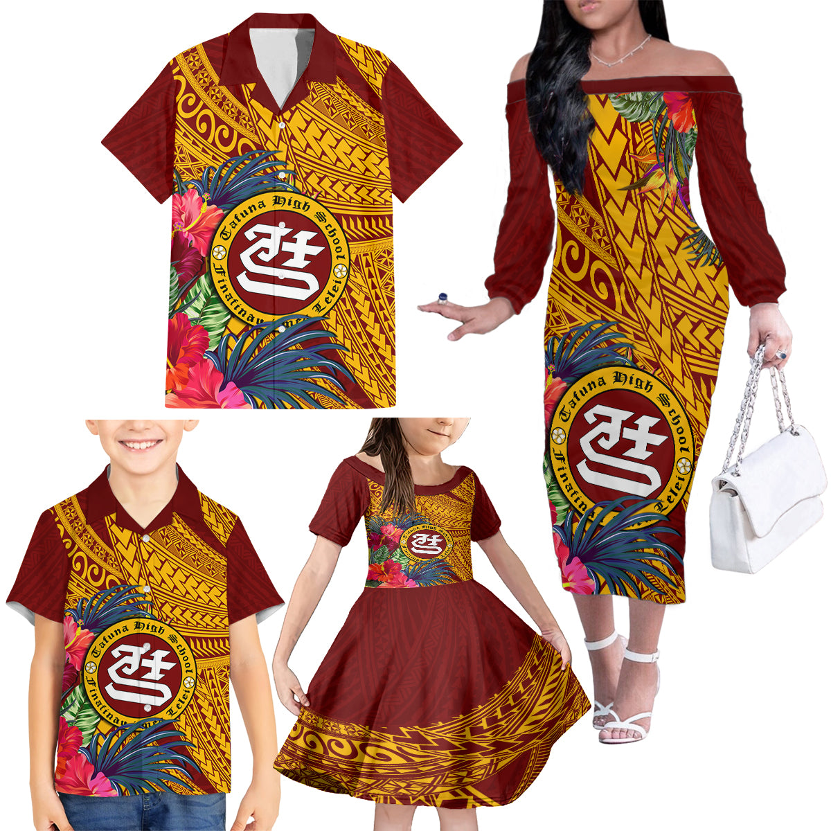 Personalised Tafuna High School Family Matching Off Shoulder Long Sleeve Dress and Hawaiian Shirt American Samoa Schools Polynesian Tropical Flowers LT14 - Polynesian Pride