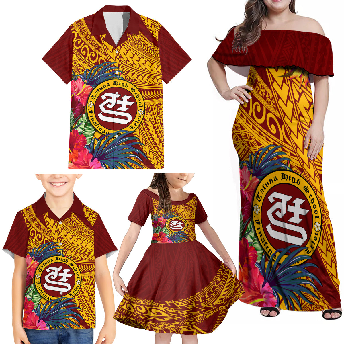 Personalised Tafuna High School Family Matching Off Shoulder Maxi Dress and Hawaiian Shirt American Samoa Schools Polynesian Tropical Flowers LT14 - Polynesian Pride