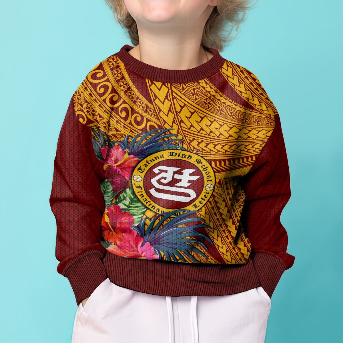 Personalised Tafuna High School Kid Ugly Christmas Sweater American Samoa Schools Polynesian Tropical Flowers LT14 - Polynesian Pride