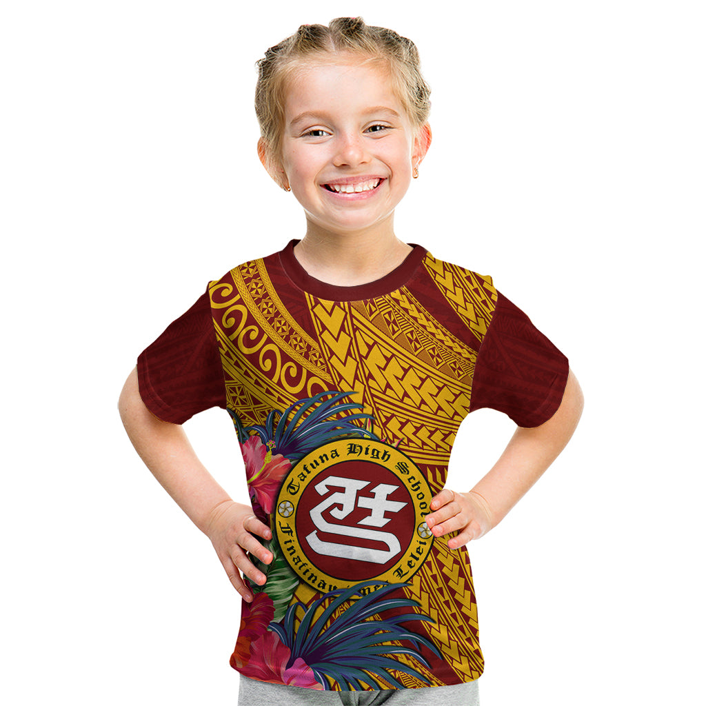 Personalised Tafuna High School Kid T Shirt American Samoa Schools Polynesian Tropical Flowers LT14 Maroon - Polynesian Pride