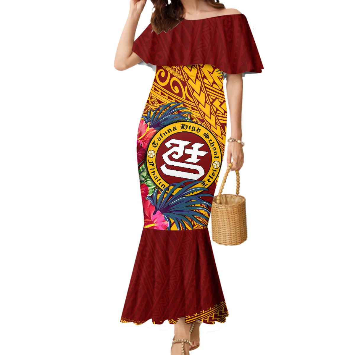 Personalised Tafuna High School Mermaid Dress American Samoa Schools Polynesian Tropical Flowers LT14 Women Maroon - Polynesian Pride