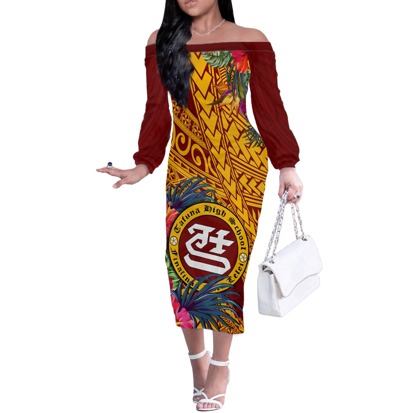 Personalised Tafuna High School Off The Shoulder Long Sleeve Dress American Samoa Schools Polynesian Tropical Flowers LT14 Women Maroon - Polynesian Pride