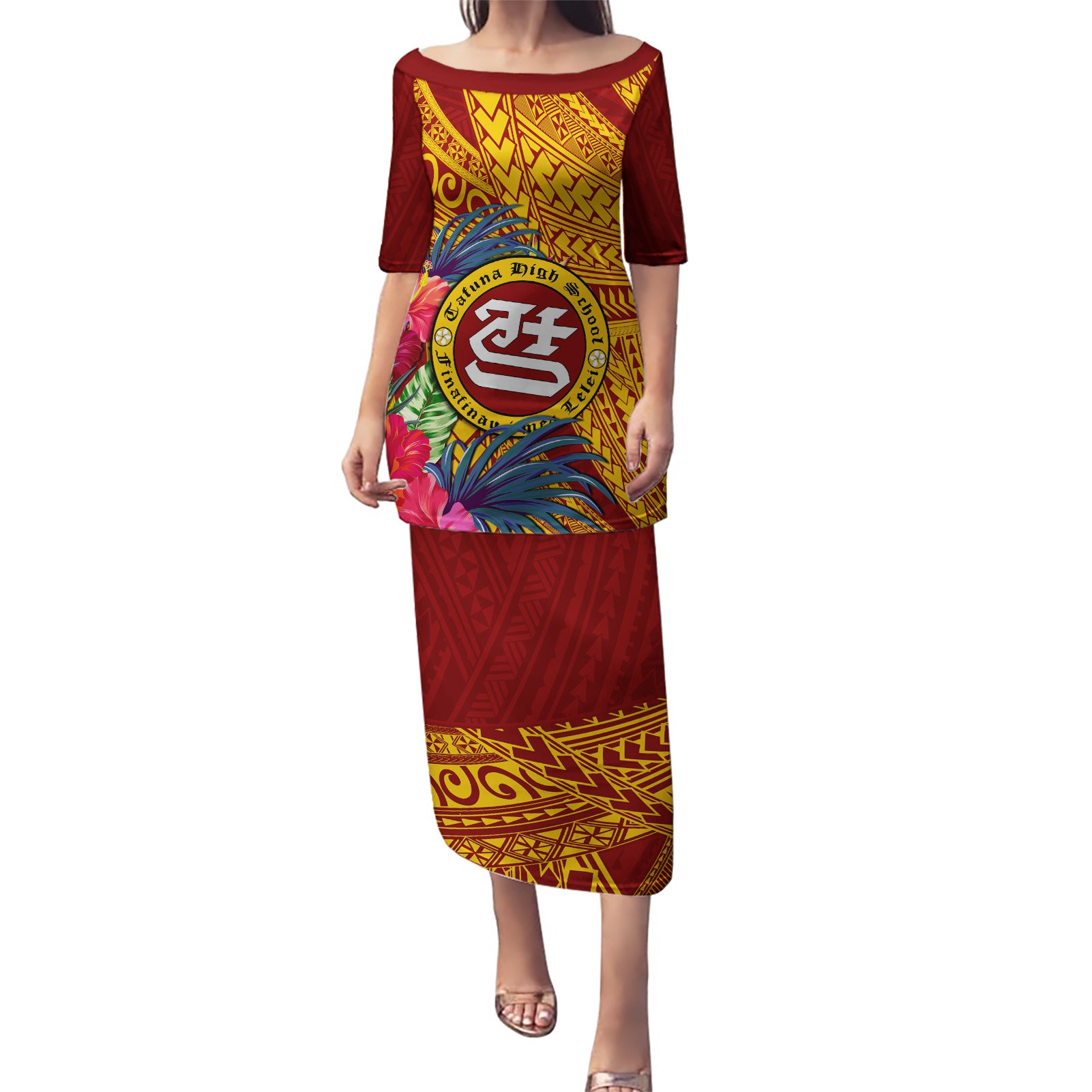 Personalised Tafuna High School Puletasi American Samoa Schools Polynesian Tropical Flowers LT14 Long Dress Maroon - Polynesian Pride