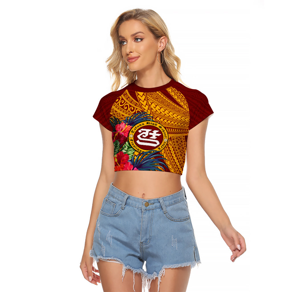 Personalised Tafuna High School Raglan Cropped T Shirt American Samoa Schools Polynesian Tropical Flowers LT14 Female Maroon - Polynesian Pride