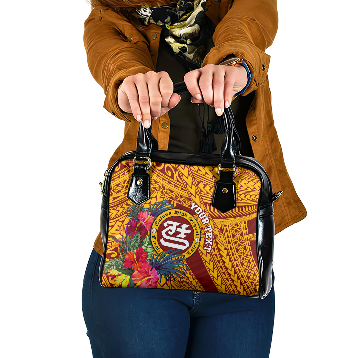 Personalised Tafuna High School Shoulder Handbag American Samoa Schools Polynesian Tropical Flowers LT14 One Size Maroon - Polynesian Pride