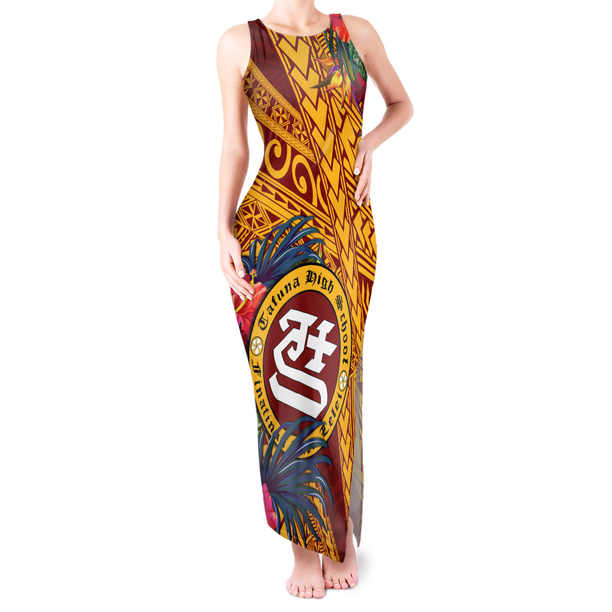 Personalised Tafuna High School Tank Maxi Dress American Samoa Schools Polynesian Tropical Flowers LT14 Women Maroon - Polynesian Pride