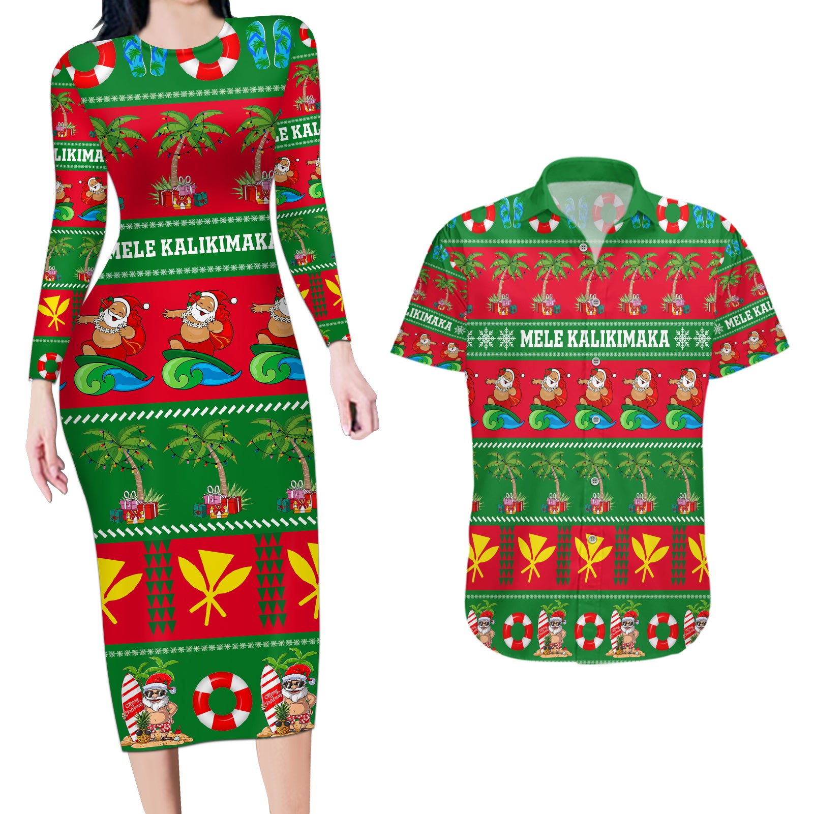 Personalised Hawaii Christmas Couples Matching Long Sleeve Bodycon Dress and Hawaiian Shirt Mele Kalikimaka LT14 Green - Polynesian Pride