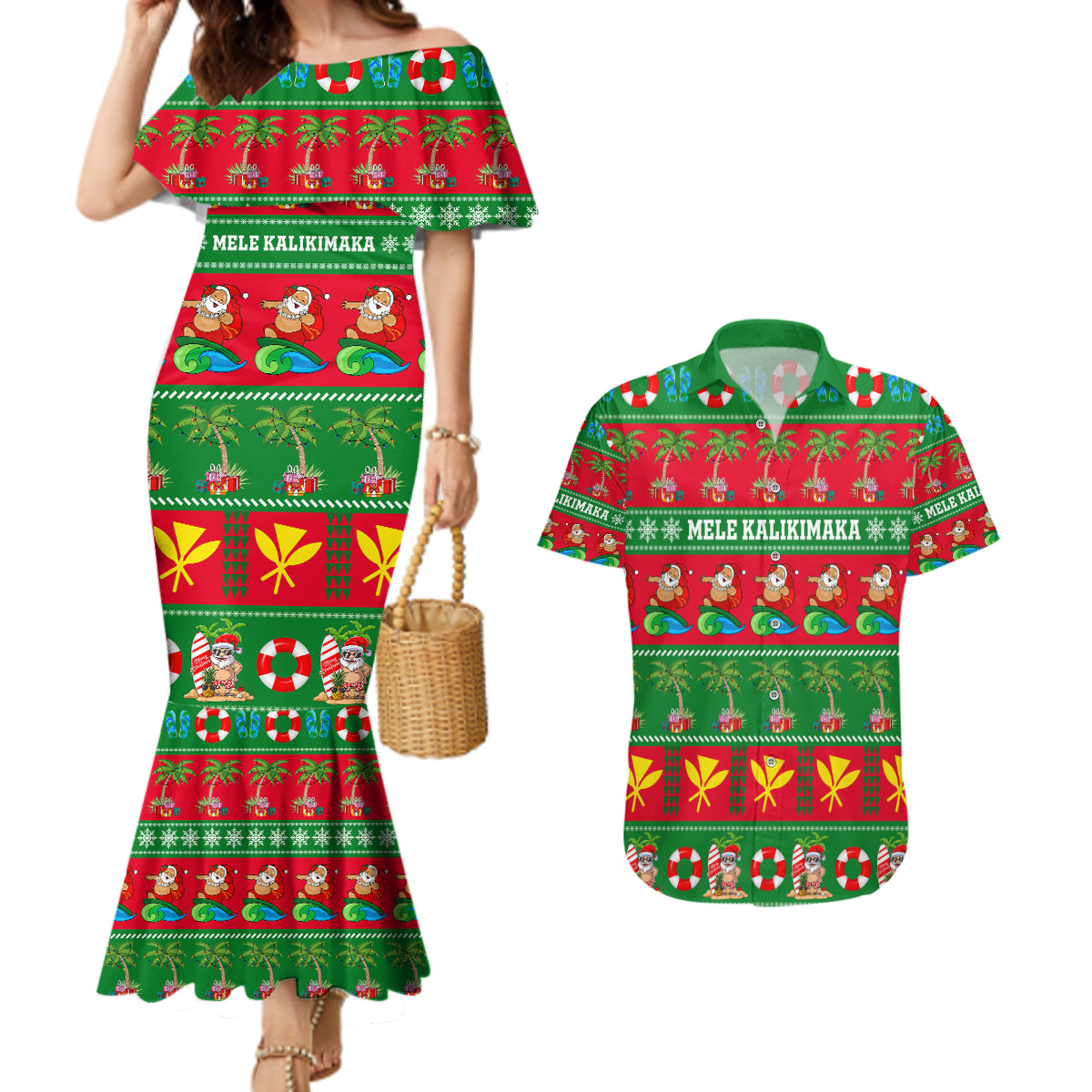 Personalised Hawaii Christmas Couples Matching Mermaid Dress and Hawaiian Shirt Mele Kalikimaka LT14 Green - Polynesian Pride