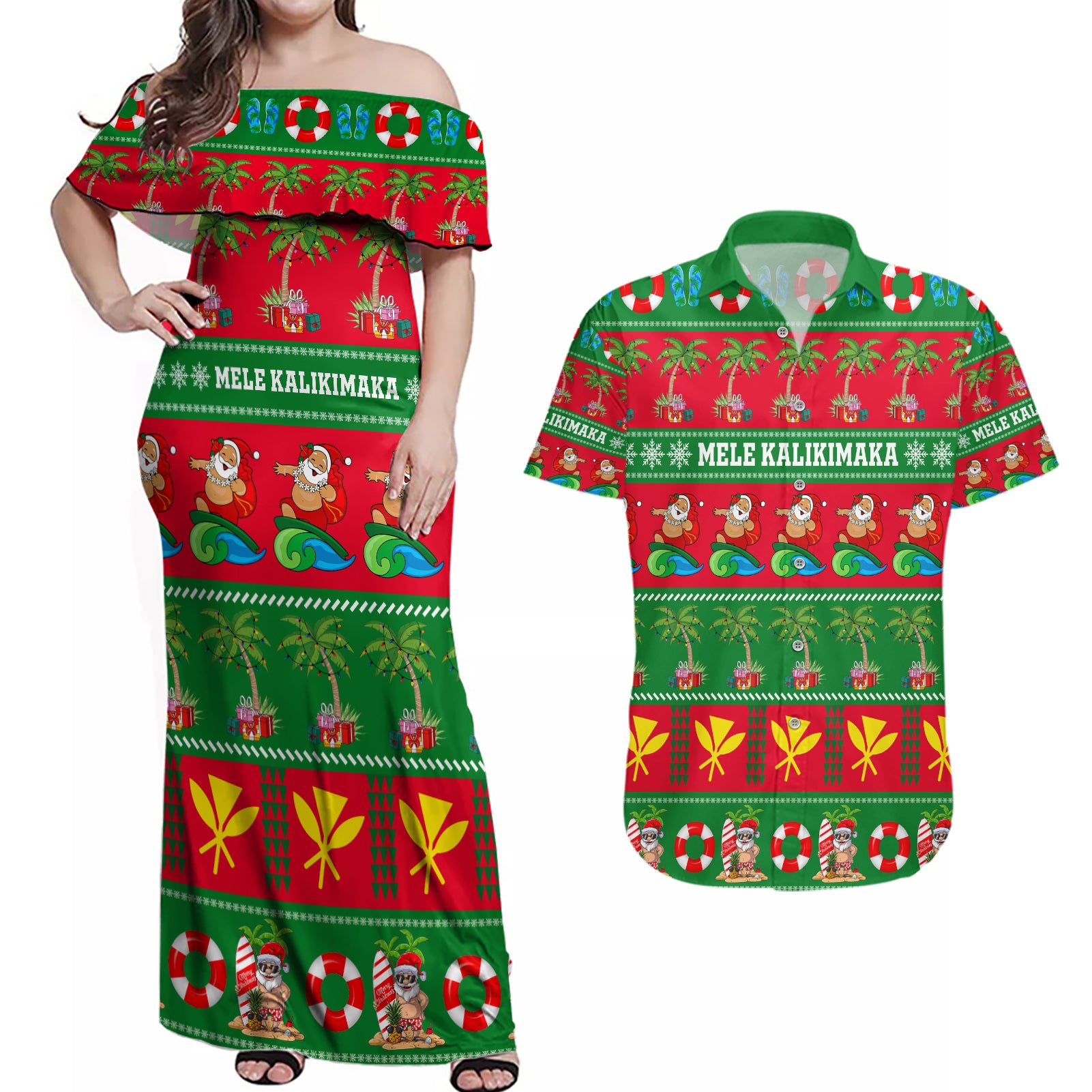 Personalised Hawaii Christmas Couples Matching Off Shoulder Maxi Dress and Hawaiian Shirt Mele Kalikimaka LT14 Green - Polynesian Pride