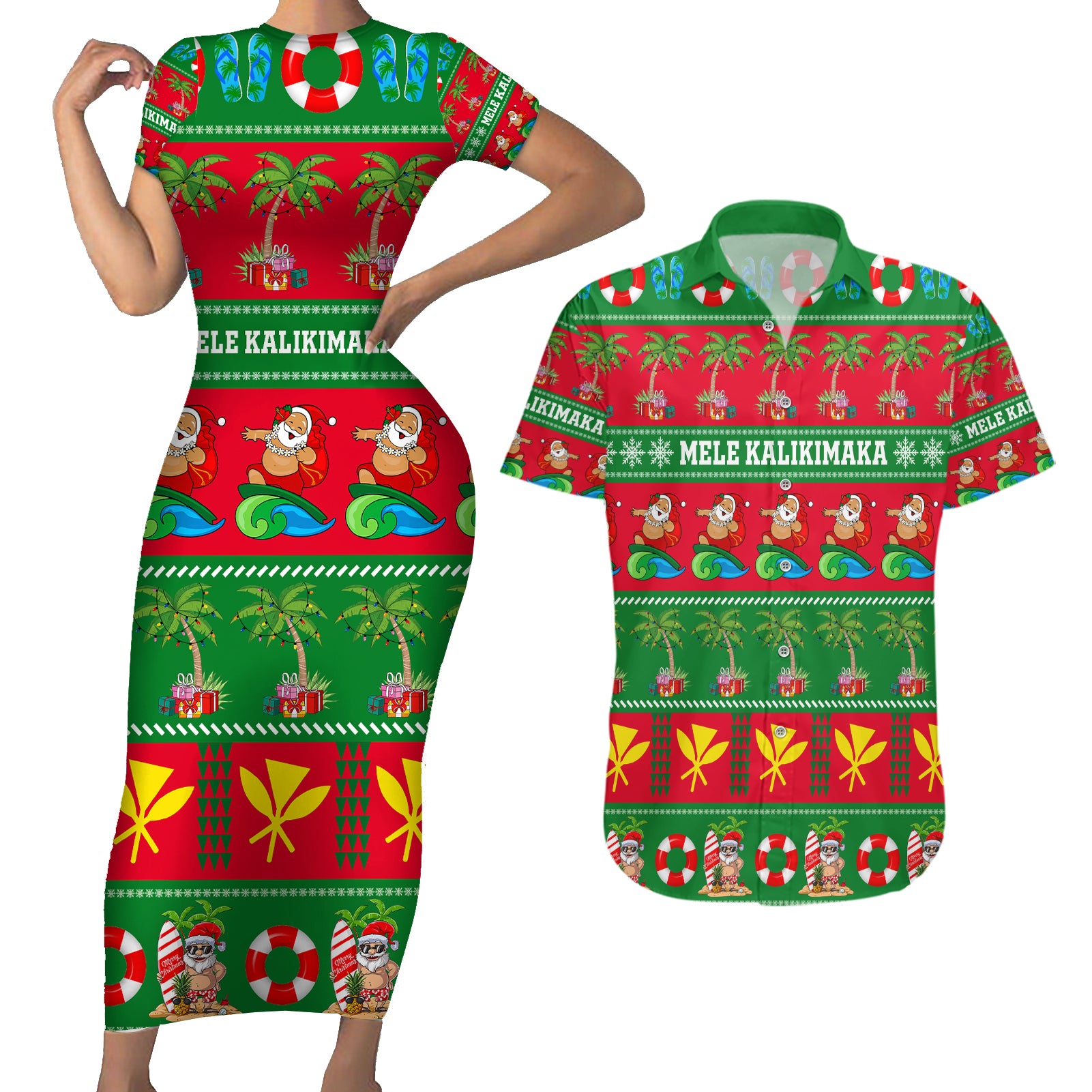 Personalised Hawaii Christmas Couples Matching Short Sleeve Bodycon Dress and Hawaiian Shirt Mele Kalikimaka LT14 Green - Polynesian Pride