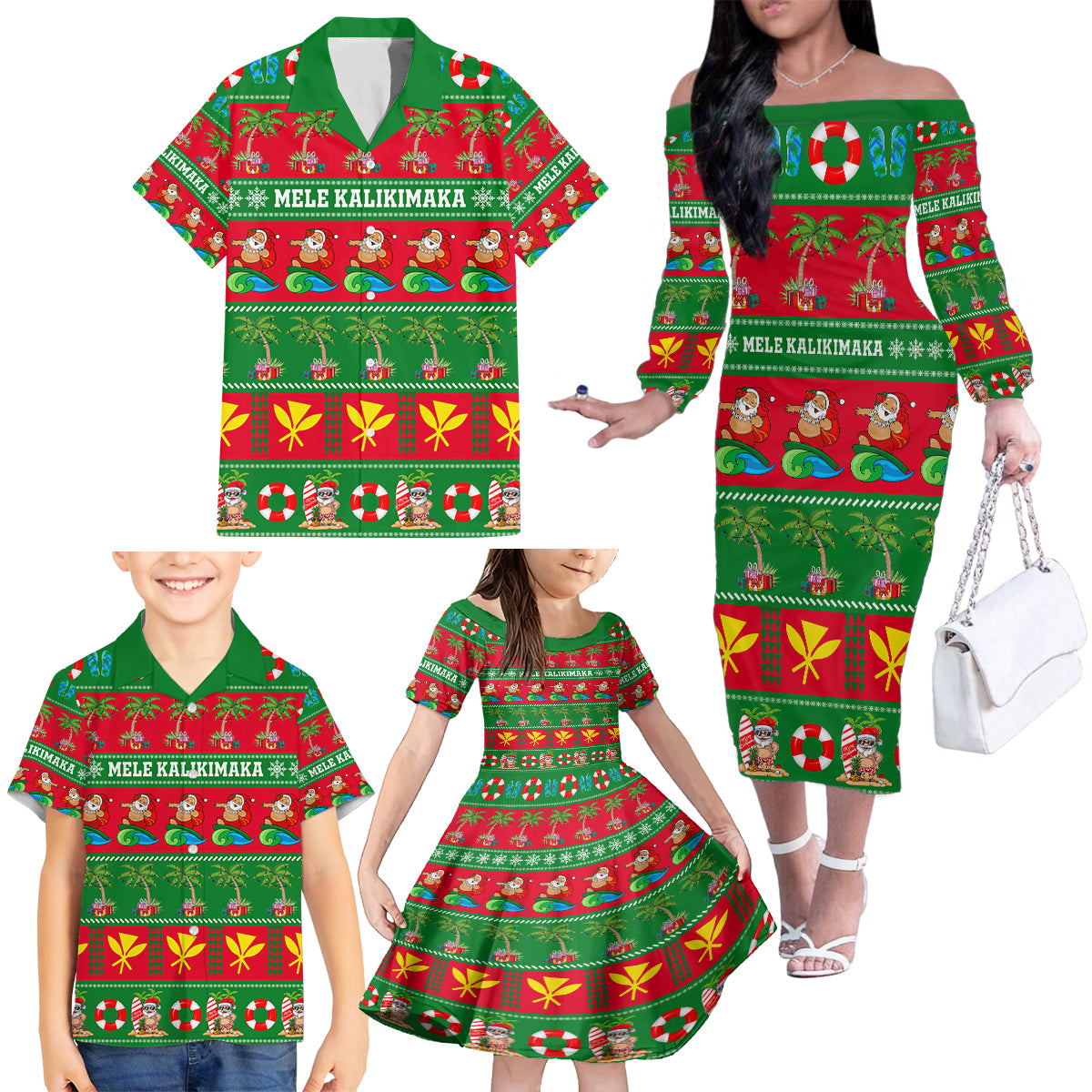 Personalised Hawaii Christmas Family Matching Off Shoulder Long Sleeve Dress and Hawaiian Shirt Mele Kalikimaka LT14 - Polynesian Pride