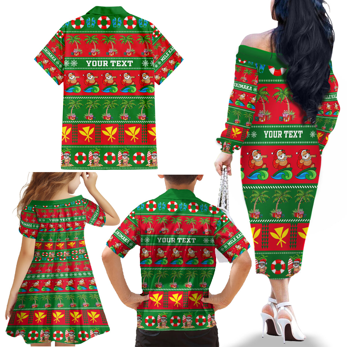 Personalised Hawaii Christmas Family Matching Off Shoulder Long Sleeve Dress and Hawaiian Shirt Mele Kalikimaka LT14 - Polynesian Pride