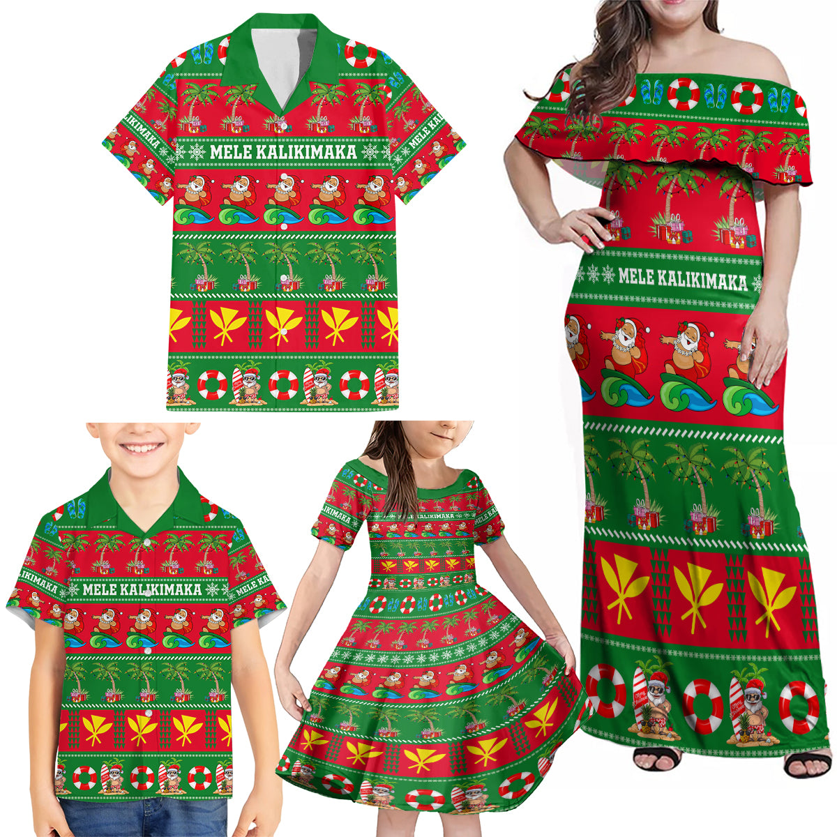 Personalised Hawaii Christmas Family Matching Off Shoulder Maxi Dress and Hawaiian Shirt Mele Kalikimaka LT14 - Polynesian Pride