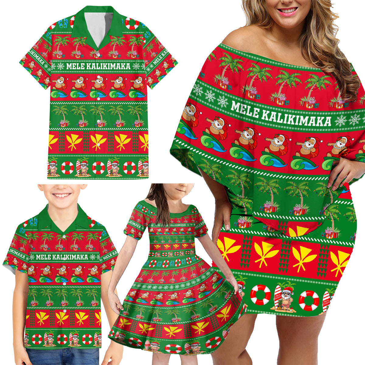 Personalised Hawaii Christmas Family Matching Off Shoulder Short Dress and Hawaiian Shirt Mele Kalikimaka LT14 - Polynesian Pride