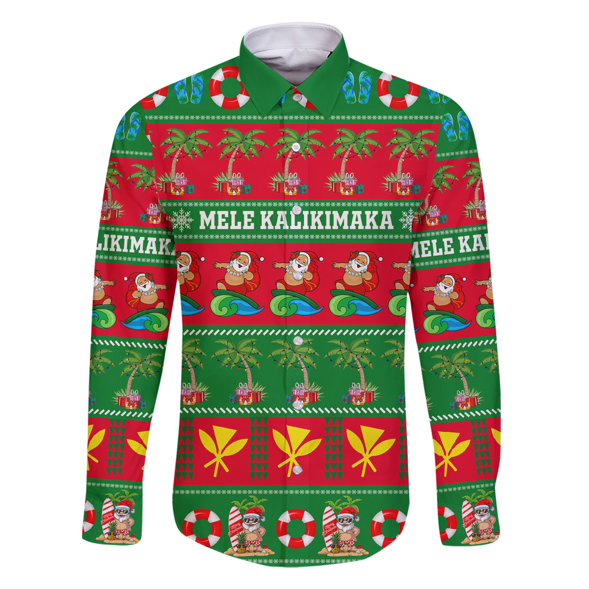 Personalised Hawaii Christmas Family Matching Tank Maxi Dress and Hawaiian Shirt Mele Kalikimaka LT14 Dad's Shirt - Long Sleeve Green - Polynesian Pride