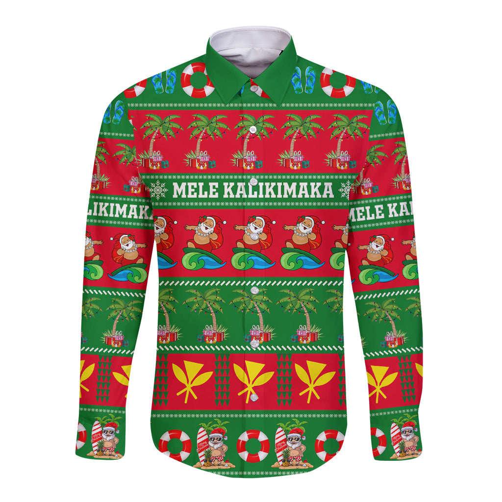 Personalised Hawaii Christmas Long Sleeve Button Shirt Mele Kalikimaka LT14 Unisex Green - Polynesian Pride