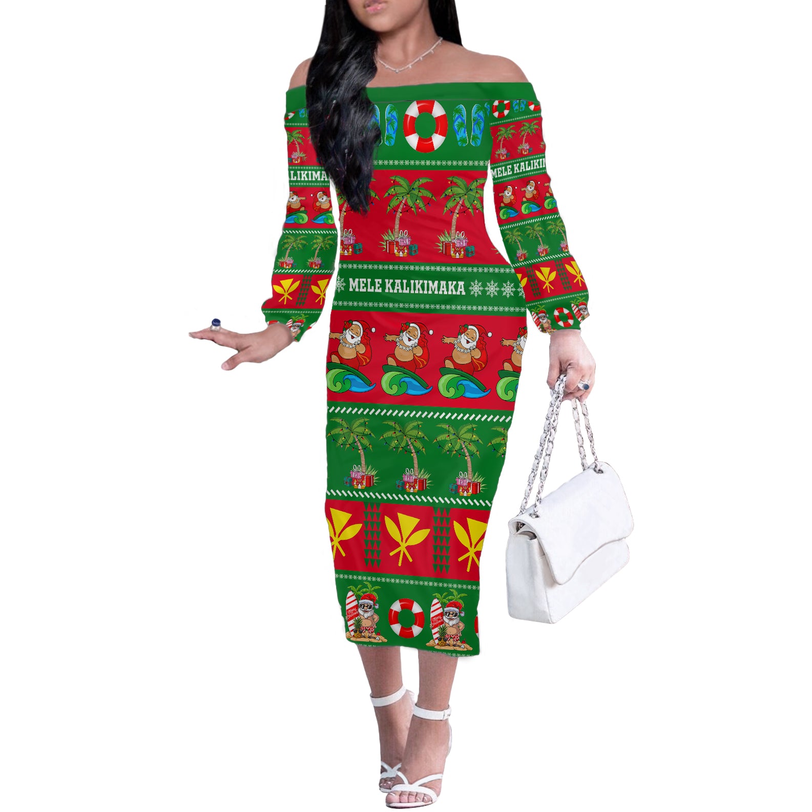 Personalised Hawaii Christmas Off The Shoulder Long Sleeve Dress Mele Kalikimaka LT14 Women Green - Polynesian Pride