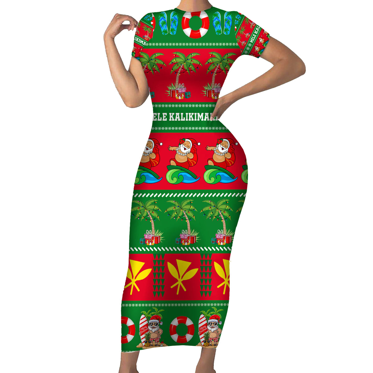 Personalised Hawaii Christmas Short Sleeve Bodycon Dress Mele Kalikimaka LT14 Long Dress Green - Polynesian Pride