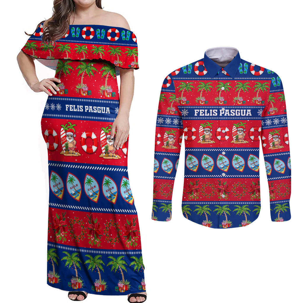 Personalised Guam Christmas Couples Matching Off Shoulder Maxi Dress and Long Sleeve Button Shirt Felis Pasgua LT14 Blue - Polynesian Pride